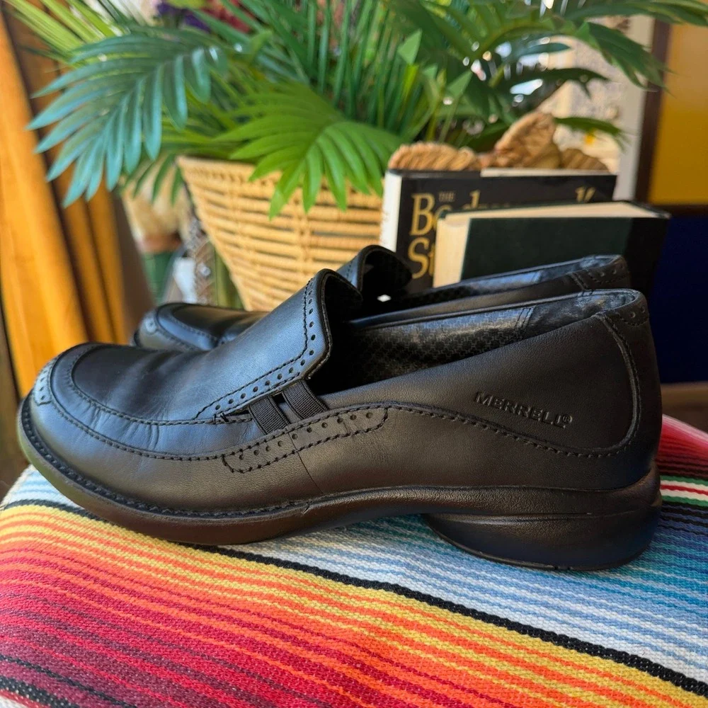 Merrell Tetra Wave Black Leather Slip On Loafers Womens 7.5 J40054 Brogue Shoes